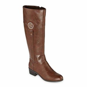 Liz Claiborne Women's Tilia Cognac Memory Foam Riding Boots Stacked Heel